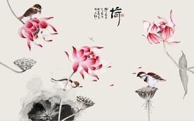 新中式水墨荷花翠鸟电视背景墙