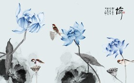 新中式蓝莲花荷花翠鸟电视背景墙