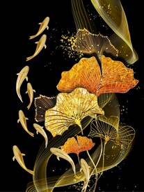 九鱼图金色银杏叶