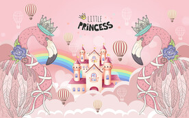 可爱卡通火烈鸟城堡儿童房背景墙