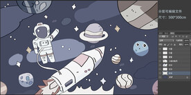 卡通太空飞船背景宇航员壁画