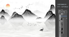 新中式山水水墨背景墙壁画