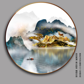 抽象金山云雾麋鹿山水圆形装饰画