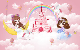 卡通公主城堡独角兽儿童房背景墙