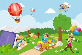 卡通儿童郊外游玩床头背景画