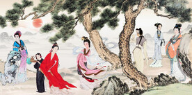 新中式美丽佳人国画电视背景墙