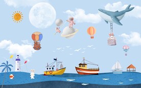 卡通小动物月亮儿童房背景墙