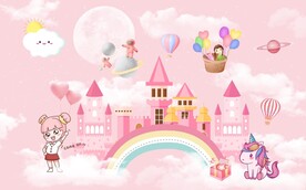 卡通独角兽城堡儿童房背景墙