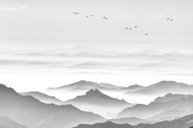 中式简约山水背景墙壁画飞鸟