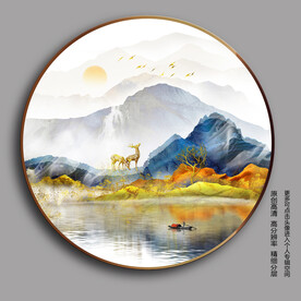 抽象金山蓝色山水麋鹿装饰画