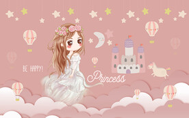 可爱卡通公主城堡儿童房背景墙