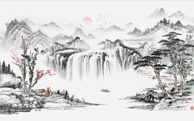 中式水墨山水瀑布国画电视背景墙