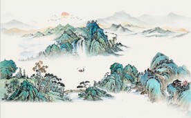 中式青绿山水国画电视背景墙