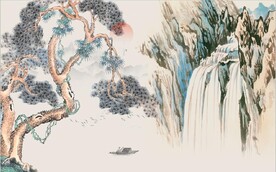 古松瀑布水墨国画电视背景墙