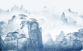 中式青绿山水国画电视背景墙