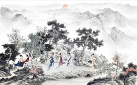 中式山水仕女风景国画电视背景墙