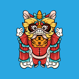 手绘卡通舞狮老虎插画