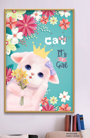 可爱猫咪皇冠花朵装饰画