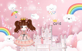 可爱公主彩虹云朵儿童房背景墙