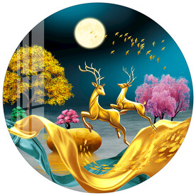 金色轻奢麋鹿发财树圆形装饰画