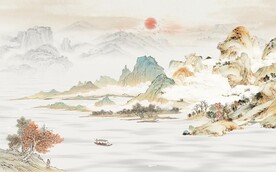 中式青绿山水国画电视背景墙