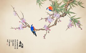 新中式喜上眉梢国画电视背景墙