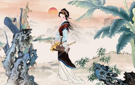 中式西施挽纱国画电视背景墙