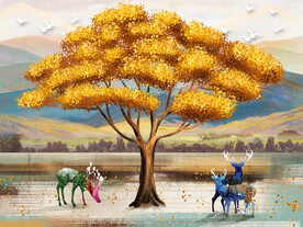 晶瓷画 麋鹿 金色树