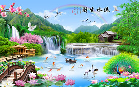 瀑布山水流水生财风景背景墙