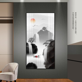 水墨山水瀑布客厅玄关装饰画挂画