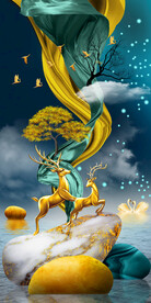 高清分层轻奢发财鹿装饰画