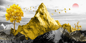 金色山水麋鹿发财树装饰画