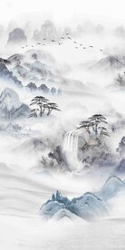 新中式山水大理石复式楼玄关壁画