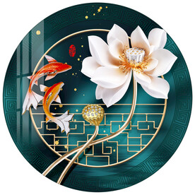 中式浮雕荷花锦鲤圆形装饰画