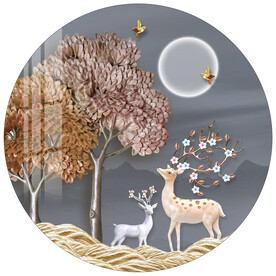 浮雕发财树麋鹿圆形装饰画