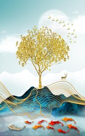 装饰画 鱼 线条 树