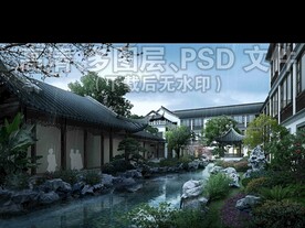 太湖石古建园林景观雨景