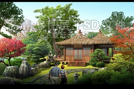 日式枯山水庭院草堂松林