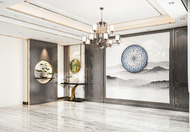 新中式客餐厅背景墙3D空场景