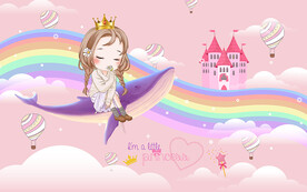 卡通公主鲸鱼城堡儿童房背景墙