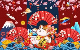 日式手绘招财猫餐饮工装背景墙图