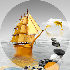 晶瓷画抽象画帆船石头海豚