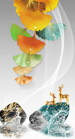 晶瓷画抽象线条玄关杏叶麋鹿石头