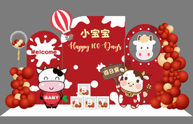 红色卡通奶牛宝宝宴周岁生日素材