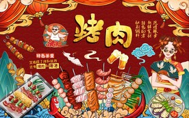 国潮烤肉美食工装背景墙图片