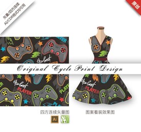 矢量卡通暗黑手柄游戏机印花图案