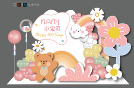 女孩周岁生日宴花朵小熊可爱卡通