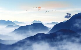 新中式蓝色水墨山水风景背景墙