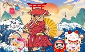 浮世绘武士猫日本料理餐饮背景墙