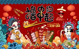 国潮撸串美食工装背景墙图片